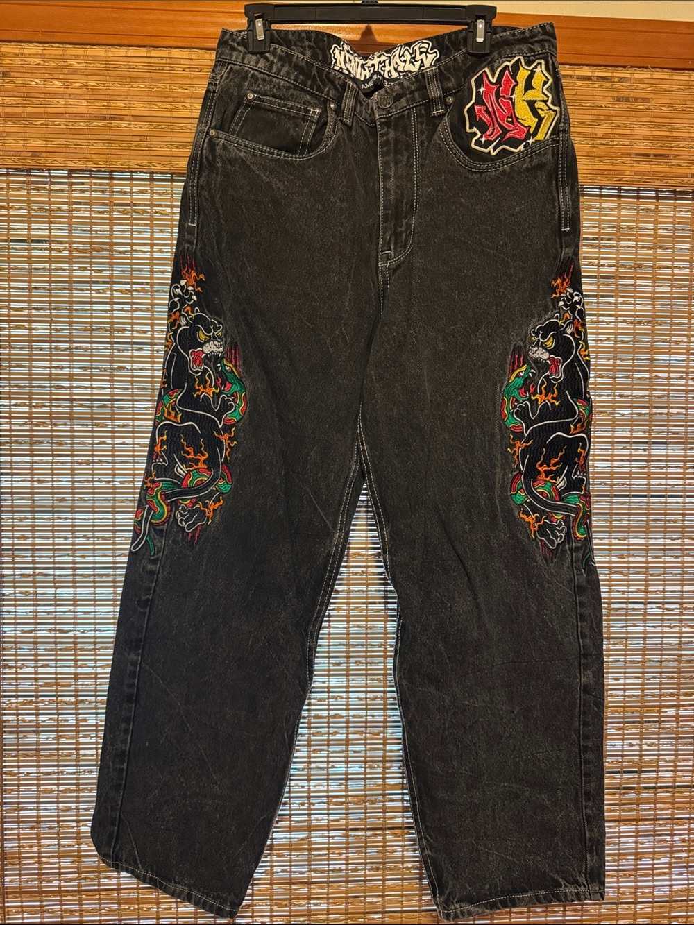 Black Embroidered Dragon Relaxed Fit Jeans